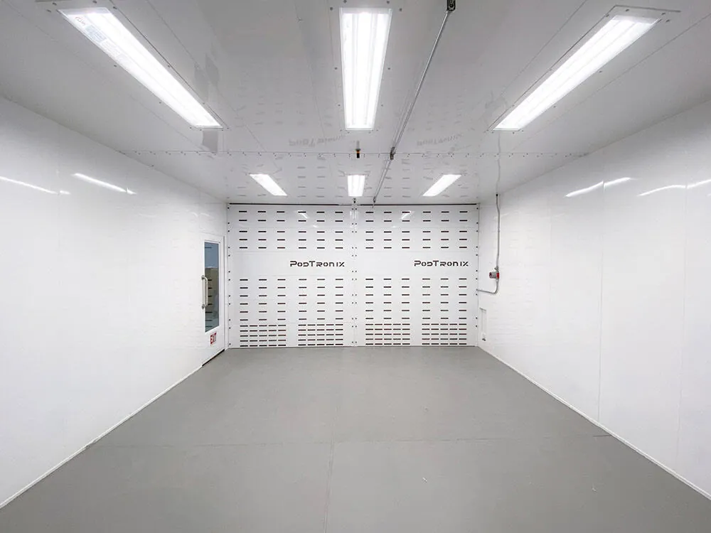 Empty double-wall interior — first-class clean-room finish with concealed conduit, ready for tenant equipment fit-out.